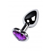 Серебристая коническая анальная пробка с фиолетовым кристаллом-сердечком - 7 см. - ToyFa - купить с доставкой в Волжском