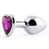 Серебристая анальная пробка с фиолетовым кристаллом-сердечком - 8 см. - Anal Jewelry Plug - купить с доставкой в Волжском