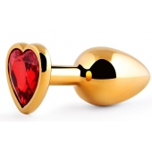 Золотистая анальная пробка с красным стразом-сердечком - 8 см. - Anal Jewelry Plug - купить с доставкой в Волжском