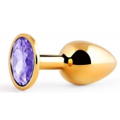 Золотистая анальная пробка с фиолетовым стразом - 7,2 см. - Anal Jewelry Plug - купить с доставкой в Волжском