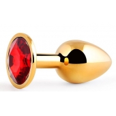 Золотистая анальная пробка с красным стразом - 7,2 см. - Anal Jewelry Plug - купить с доставкой в Волжском