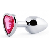 Серебристая анальная пробка с розовым кристаллом-сердечком - 7 см. - Anal Jewelry Plug - купить с доставкой в Волжском