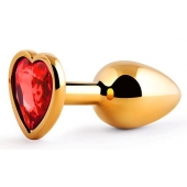 Золотистая анальная пробка с красным стразом-сердечком - 7 см. - Anal Jewelry Plug - купить с доставкой в Волжском
