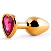Золотистая анальная пробка с малиновым кристаллом-сердечком - 7 см. - Anal Jewelry Plug - купить с доставкой в Волжском