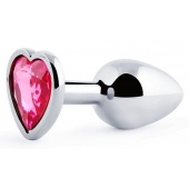 Серебристая анальная пробка с малиновым кристаллом-сердечком - 7 см. - Anal Jewelry Plug - купить с доставкой в Волжском