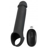 Черная вибронасадка для пениса с хомутом для мошонки и пультом ДУ Remote Controlled Penis Extension - Orion - в Волжском купить с доставкой