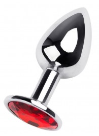 Маленькая коническая серебристая анальная пробка с красным кристаллом - 7 см. - ToyFa - купить с доставкой в Волжском