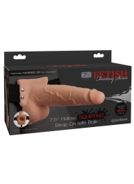 Телесный полый страпон с имитацией эякуляции 7.5  Hollow Squirting Strap-On with Balls Flesh - 21,6 см. - Pipedream - купить с доставкой в Волжском