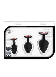 Набор черных анальных пробок с красным кристаллом-сердечком Bling Plugs Training Kit - Blush Novelties - купить с доставкой в Волжском