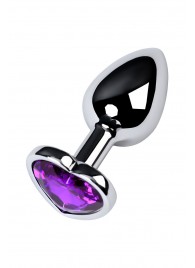Серебристая коническая анальная пробка с фиолетовым кристаллом-сердечком - 7 см. - ToyFa - купить с доставкой в Волжском