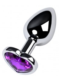 Серебристая коническая анальная пробка с фиолетовым кристаллом-сердечком - 7 см. - ToyFa - купить с доставкой в Волжском