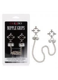 Металлические зажимы для сосков на цепочке Nipple Grips 4-Point Nipple Press with Bells - California Exotic Novelties - купить с доставкой в Волжском