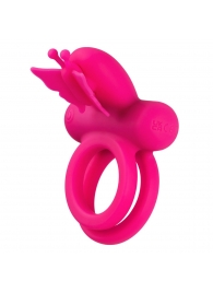 Розовое эрекционное виброкольцо Silicone Rechargeable Dual Butterfly Ring - California Exotic Novelties - в Волжском купить с доставкой