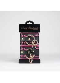 Черные кожаные наручники с розовой строчкой - Crazy Handmade - купить с доставкой в Волжском