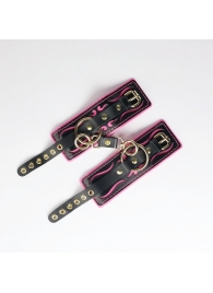Черные кожаные наручники с розовой строчкой - Crazy Handmade - купить с доставкой в Волжском