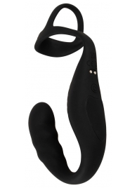 Черное эрекционное кольцо со стимуляцией промежности и анальной пробкой Cock Ring with RC Prostate Plug - Orion - в Волжском купить с доставкой