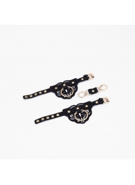 Черные кожаные наручники с клепками, кольцами и золотистой фурнитурой - Crazy Handmade - купить с доставкой в Волжском