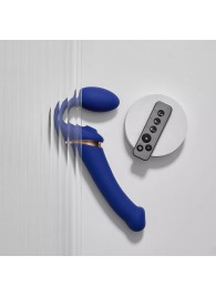 Синий безремневой страпон Multi Orgasm Bendable Strap-On size XL с клиторальной стимуляцией - Strap-on-me - купить с доставкой в Волжском