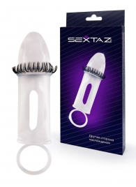 Закрытая насадка на пенис с подхватом мошонки и стимулирующими «ресничками» - Sextaz - в Волжском купить с доставкой