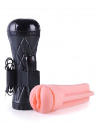 Телесный мастурбатор-вагина в черной колбе с вибрацией - Boys of Toys - в Волжском купить с доставкой