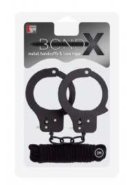 Чёрные наручники из листового металла в комплекте с веревкой BONDX METAL CUFFS LOVE ROPE SET - Dream Toys - купить с доставкой в Волжском