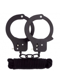 Чёрные наручники из листового металла в комплекте с веревкой BONDX METAL CUFFS LOVE ROPE SET - Dream Toys - купить с доставкой в Волжском