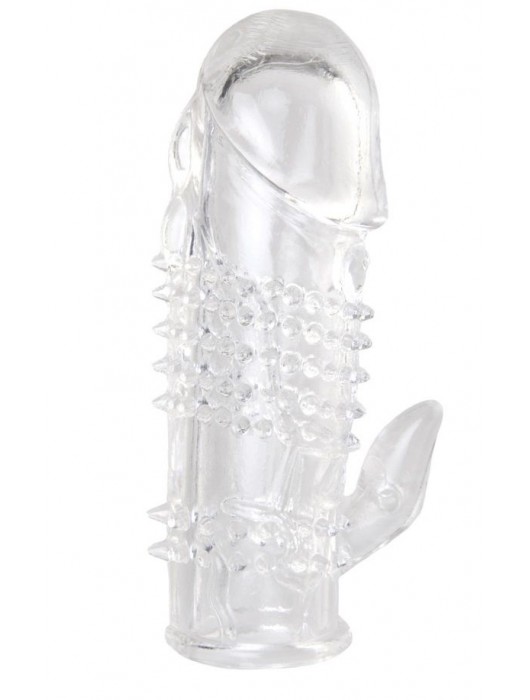 Прозрачная гелевая насадка с шипами и клиторальным отростком - 13 см. - Toyfa Basic - в Волжском купить с доставкой