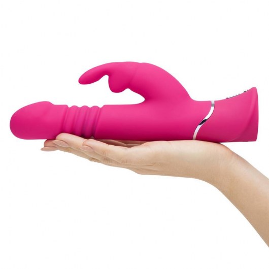 Розовый вибратор Thrusting Realistic Rechargeable Rabbit Vibrator с имитацией толчков - 22,8 см. - Happy Rabbit
