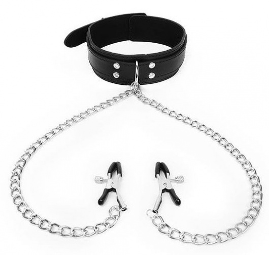 Черный ошейник с зажимами на соски на цепочке - Notabu - купить с доставкой в Волжском