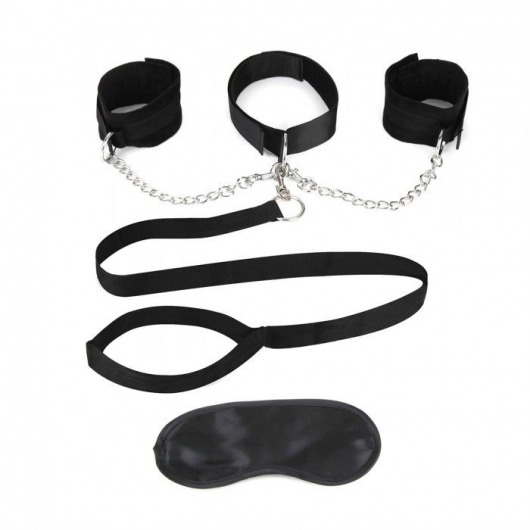 Чёрный ошейник с наручниками и поводком Collar Cuffs   Leash Set - Lux Fetish - купить с доставкой в Волжском