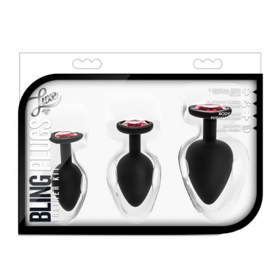 Набор черных анальных пробок с красным кристаллом-сердечком Bling Plugs Training Kit - Blush Novelties - купить с доставкой в Волжском