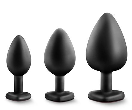 Набор черных анальных пробок с красным кристаллом-сердечком Bling Plugs Training Kit - Blush Novelties - купить с доставкой в Волжском