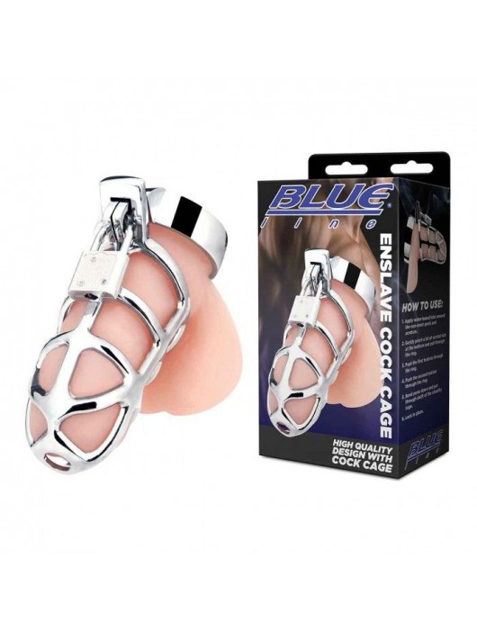 Серебристая металлическая клетка для члена с замком Enslave Cock Cage - BlueLine - купить с доставкой в Волжском