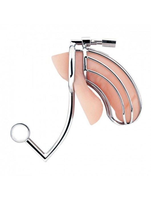 Серебристая металлическая клетка с анальным стимулятором Cock Cage - BlueLine - купить с доставкой в Волжском