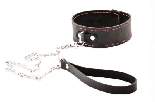 Черный широкий ошейник с красной строчкой и поводком - Crazy Handmade - купить с доставкой в Волжском