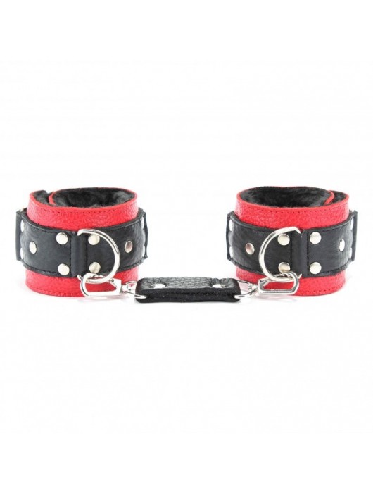 Красно-чёрные кожаные наручники с меховым подкладом - БДСМ Арсенал - купить с доставкой в Волжском