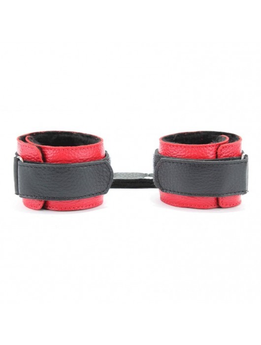 Красно-чёрные кожаные наручники с меховым подкладом - БДСМ Арсенал - купить с доставкой в Волжском
