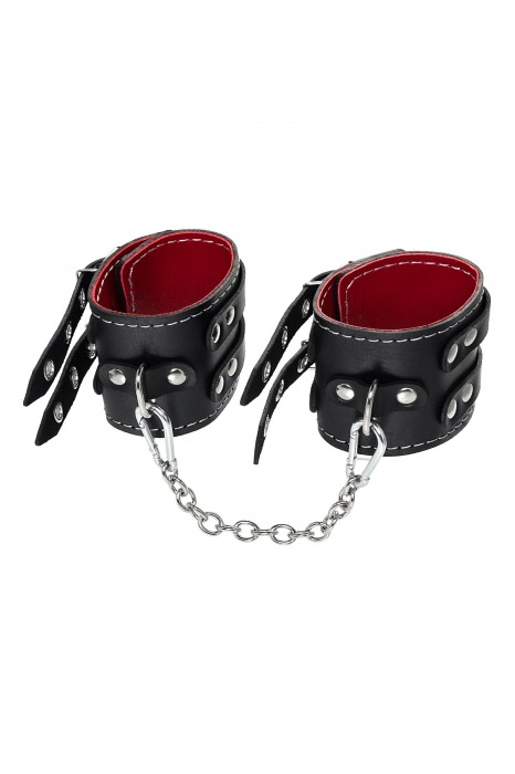 Черные кожаные оковы с двумя ремнями и красной подкладкой - Pecado - купить с доставкой в Волжском
