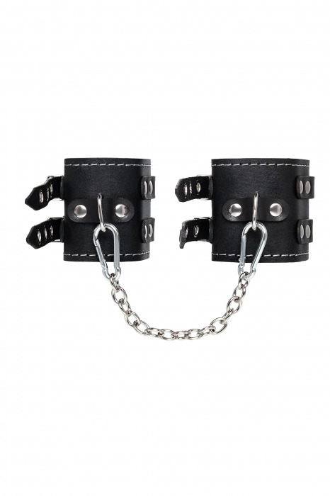 Черные кожаные оковы с двумя ремнями и красной подкладкой - Pecado - купить с доставкой в Волжском