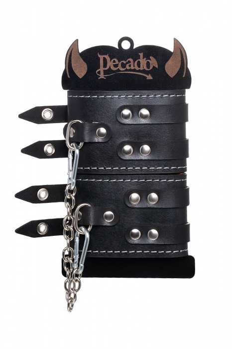 Черные кожаные оковы с двумя ремнями и красной подкладкой - Pecado - купить с доставкой в Волжском