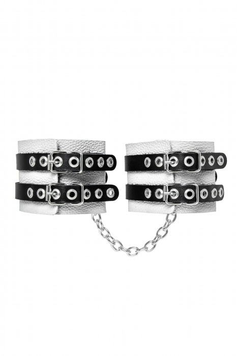 Бело-черные оковы с двумя ремешками и люверсами - Pecado - купить с доставкой в Волжском
