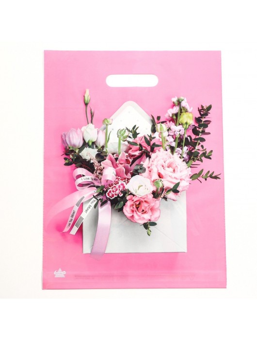 Розовый пакет с цветочным принтом и вырубной ручкой (40х31 см) - Сима-Ленд - купить с доставкой в Волжском