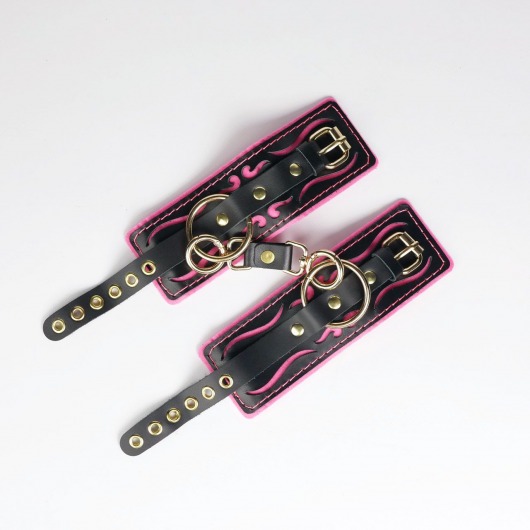 Черные кожаные наручники с розовой строчкой - Crazy Handmade - купить с доставкой в Волжском