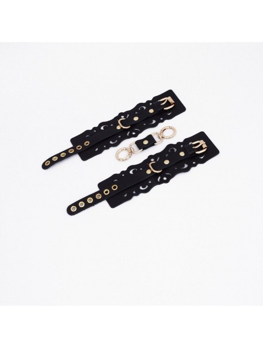 Черные кожаные наручники с узорами и золотистой фурнитурой - Crazy Handmade - купить с доставкой в Волжском