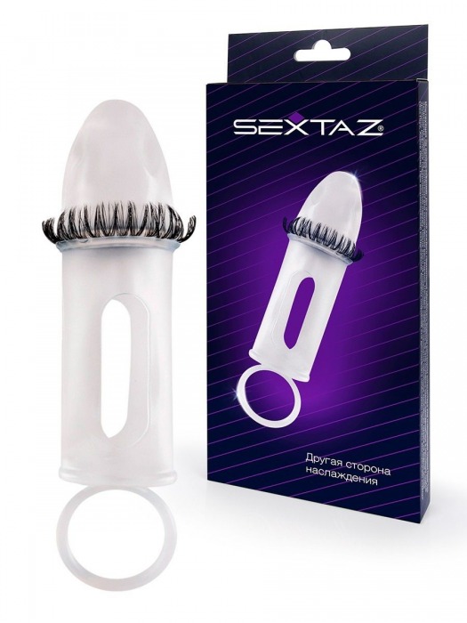 Закрытая насадка на пенис с подхватом мошонки и стимулирующими «ресничками» - Sextaz - в Волжском купить с доставкой