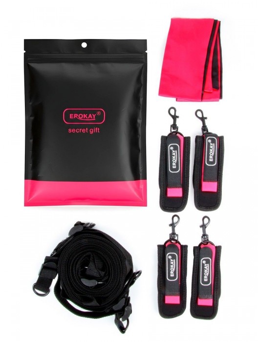 Черно-розовый эротический набор: фиксатор, оковы, наручники, повязка - Erokay - купить с доставкой в Волжском