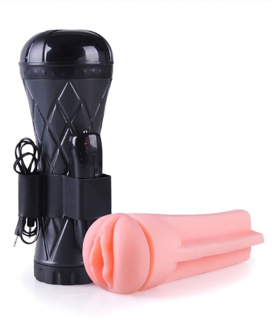 Телесный мастурбатор-вагина в черной колбе с вибрацией - Boys of Toys - в Волжском купить с доставкой