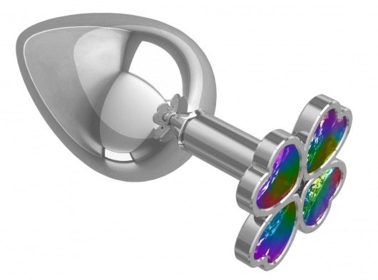 Серебристая анальная пробка-клевер с радужным кристаллом - 9,5 см. - Джага-Джага - купить с доставкой в Волжском