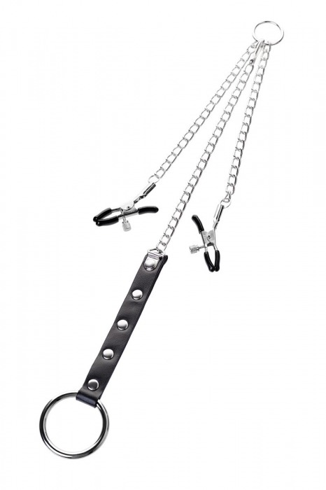 Серебристо-чёрные зажимы для сосков с кольцом для пениса TOYFA Metal - ToyFa - купить с доставкой в Волжском